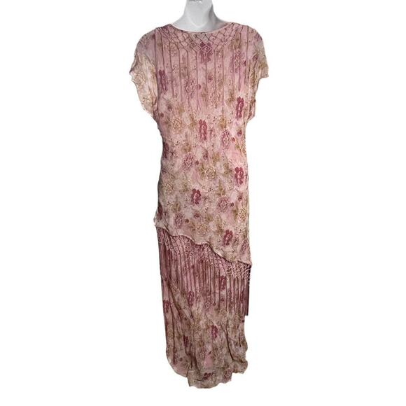 Vintage 90s Y2K Floral Fringe Pink Temptation Large Flapper Style Max Dress Set - Picture 2 of 8